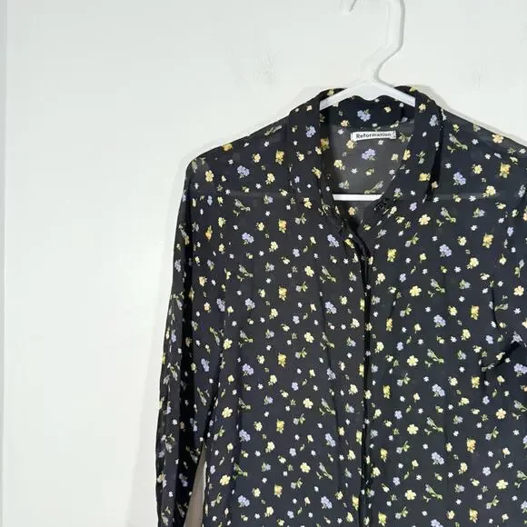Reformation Violet Black Floral Semi Sheer Long Sleeve Button Up Blouse Small - Picture 10 of 15